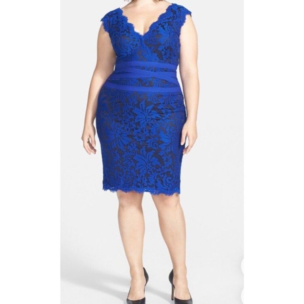 Tadashi Shoji Marina Blue Embroidered Lace Banded Cocktail Dress Sz 22Q Evening